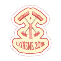 Sticker with cartoon ride double hammer and text extreme zone vector