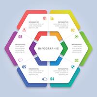 Plantilla de infografía abstracta en 3D con hexágono con seis opciones para el diseño del flujo de trabajo, diagrama, informe anual, diseño web vector