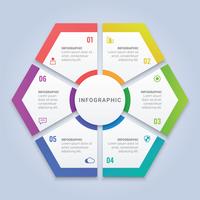 Plantilla de infografía colorida con hexágono con seis opciones para el diseño del flujo de trabajo, diagrama, informe anual, diseño web vector