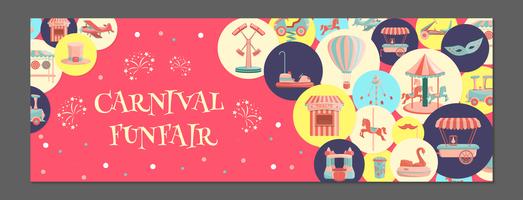 Banner horizontal con iconos de parque de atracciones en círculos de colores. vector