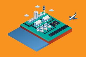 Isometric 3d Airport Terminal. Airplane is Landing to runway with building isolated on background. Business and vacation time travel or transportation concept. Vector illustration design.