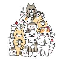 Cartoon cute doodle cats and drink vector. vector
