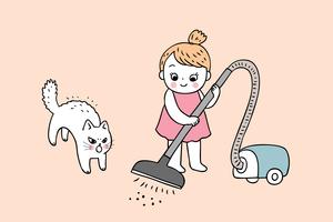 Cartoon cute girl and cat cleaning vector. vector