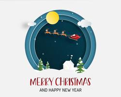 Merry Christmas and Happy new year greeting card in paper cut style. Vector illustration Christmas celebration background with Santa Claus and reindeer. Banner, flyer, poster, wallpaper, template.