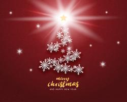 Merry Christmas and Happy new year greeting card in paper cut style background. Vector illustration Christmas celebration snowflakes on red background for banner, flyer, poster, wallpaper, template.