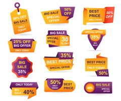 Set of retail sale tags. Stickers best offer price and big sale pricing tag badge design. Limited sales offer label or store discount banner card isolated. Shopping coupon. Vector illustration.