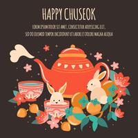 Mid Autumn Festival with Cute Teapot, Moon Cake, Lantern, Acorn, Rabbit, Bamboo, Cherry Bloom,  Apricot, Chuseok  Hangawi Festival. Thanksgiving Day,  Vector - Illustration