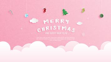 Merry Christmas and Happy new year greeting card in paper cut style. Vector illustration Christmas celebration background. Banner, flyer, poster, wallpaper, template.