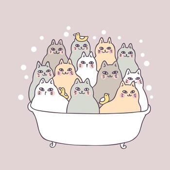 Gatos lindos de la historieta y vector del baño.