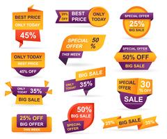 Set of retail sale tags. Stickers best offer price and big sale pricing tag badge design. Limited sales offer label or store discount banner card isolated. Shopping coupon. Vector illustration.