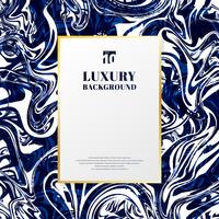 Template gold rectangle frame with space for text on blue and white marble background and texture. Luxury style. vector