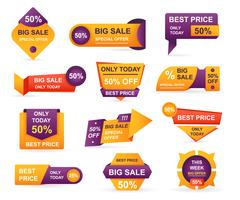 Set of retail sale tags. Stickers best offer price and big sale pricing tag badge design. Limited sales offer label or store discount banner card isolated. Shopping coupon. Vector illustration.