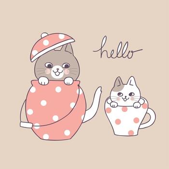 Cartoon cute cats and tea pot and cup vector. vector