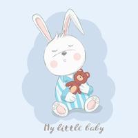 cute baby rabbit with doll cartoon hand drawn style.vector illustration vector