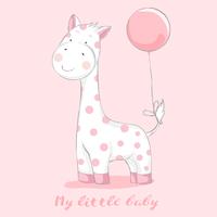 cute baby giraffe with balloon cartoon hand drawn style.vector illustration vector