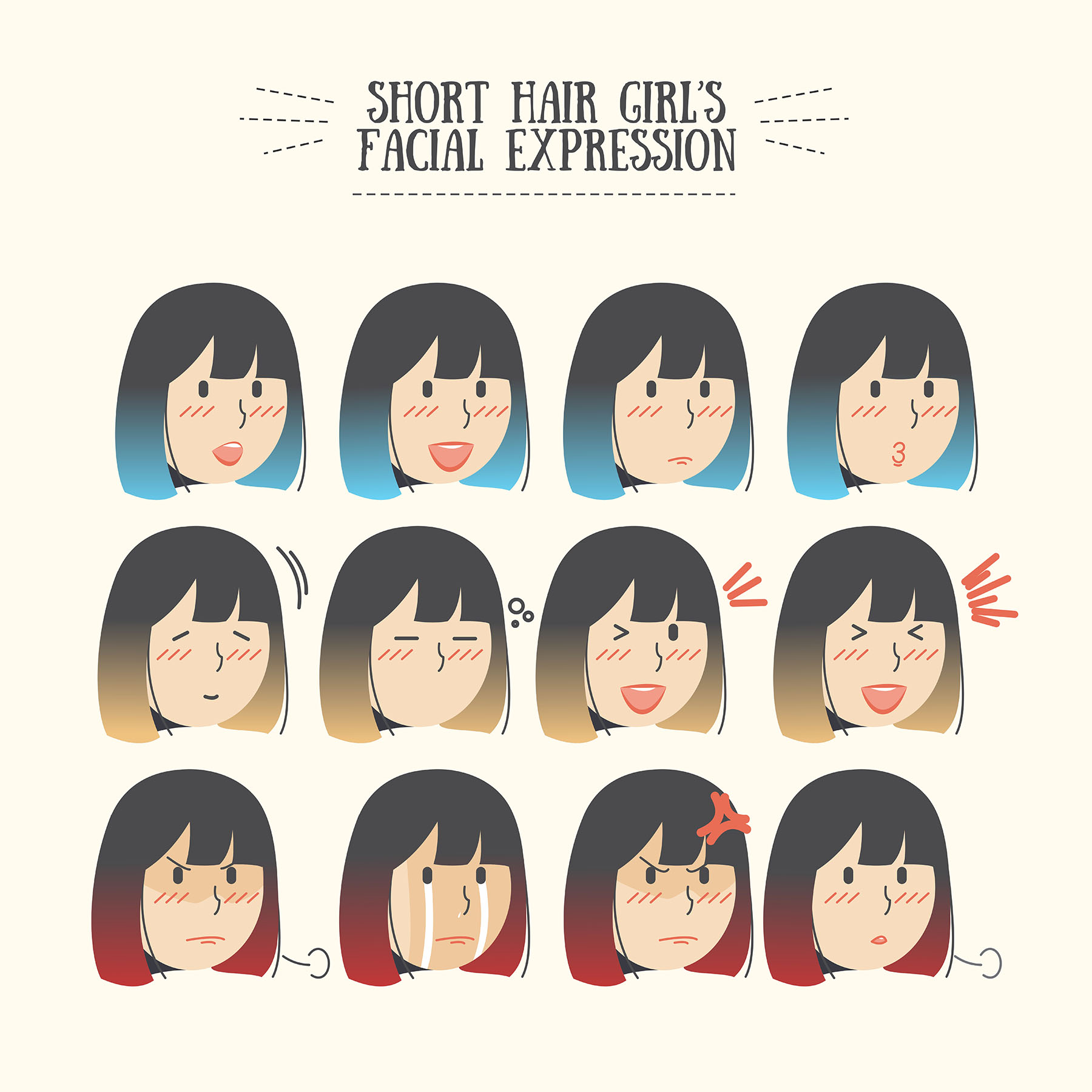 Cute Kawaii Ombre Short Hair Girl With Various Facial Expression