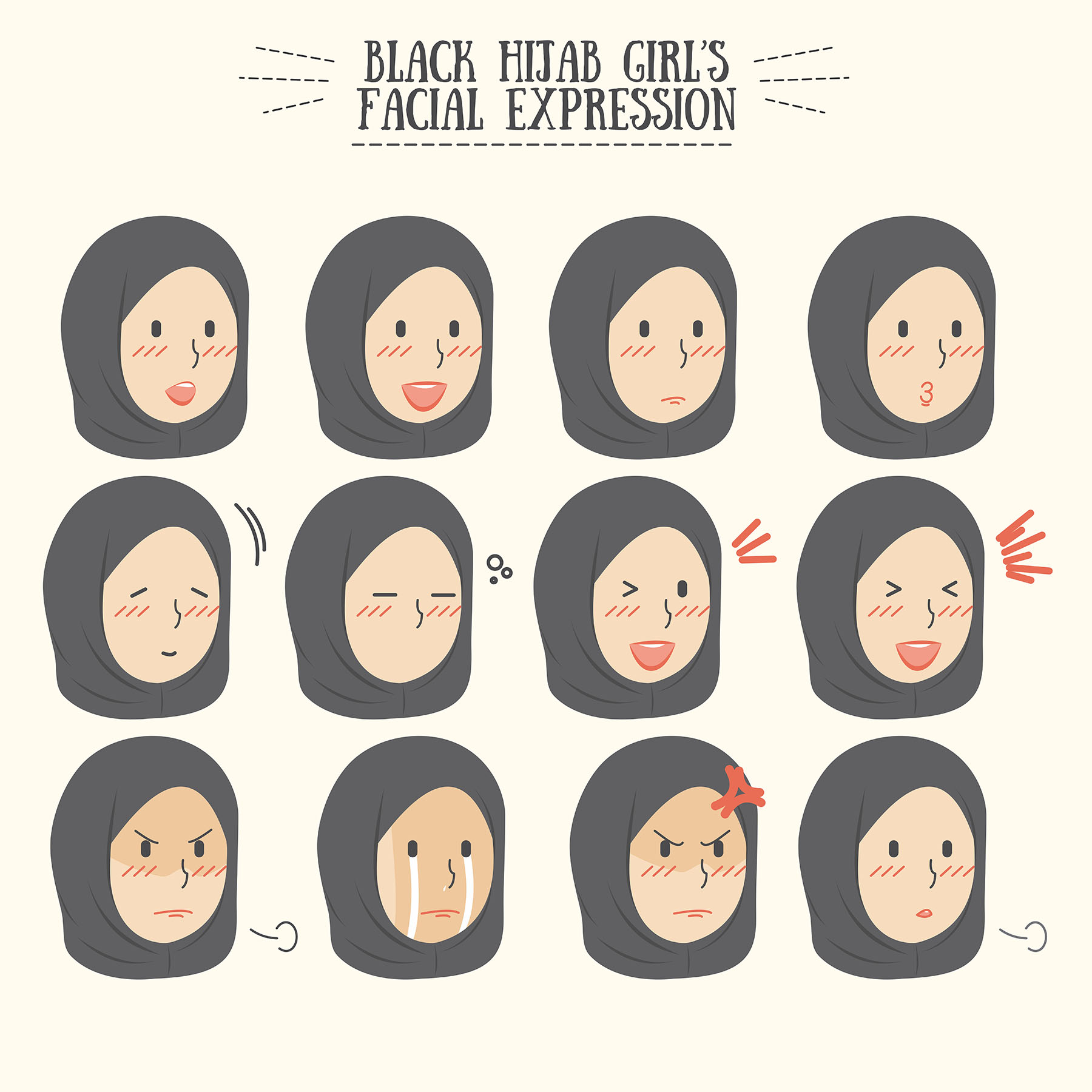 Cute Kawaii Black Hijab Girl with Various Facial Expression Set ...