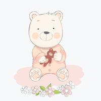 cute baby bear with doll cartoon hand drawn style.vector illustration vector