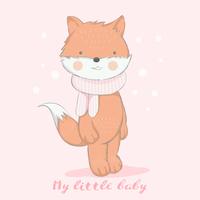 cute baby fox with snow cartoon hand drawn style.vector illustration vector