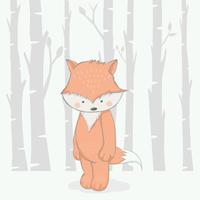 cute baby fox with forest cartoon hand drawn style.vector illustration vector