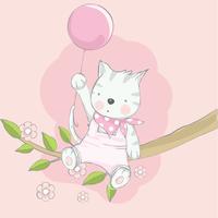 cute baby cat with balloon cartoon hand drawn style.vector illustration vector