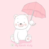 cute baby bear with umbrella cartoon hand drawn style.vector illustration vector