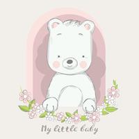 cute baby bear with flower cartoon hand drawn style.vector illustration