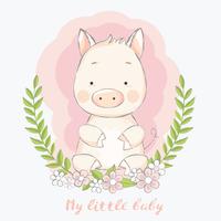 cute baby pig with flower border cartoon hand drawn style.vector illustration