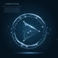 Abstract line and point blue play video icon on dark blue night sky with stars. Polygonal low poly background with connecting dots and lines. Vector illustration connection structure. 