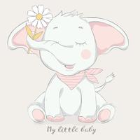 cute baby elephant with flower cartoon style