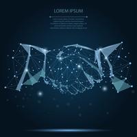 Abstract line and point blue agreement handshake business concept on dark blue night sky with stars. Polygonal point line geometric design. Hands chain link internet hyperlink connection vector illustration