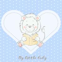 cute baby lion with book cartoon hand drawn style vector