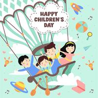 Ilustración del día de los niños felices. Mundo de imaginación con niños en globo aerostático vintage, cohete, arco iris, luna, planetas, ideas y globos flotando sobre nubes - Ilustración vectorial vector
