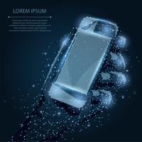 Abstract line and point Mobile phone with empty screen, holding by man hand. Communication app smartphone concept on dark blue night sky with stars. Polygonal low poly background with connecting dots and lines. Vector illustration.