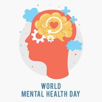 Día Mundial de la Salud Mental. Silueta de la cabeza de un hombre con cerebro, engranaje, amor. Crecimiento mental. Aclara tu mente. Pensamiento positivo. Vector - Ilustración