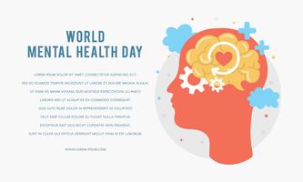 World Mental Health Day Poster Template. Silhouette of a man's head with brain, gear, love. Mental Growth. Clear your Mind. Positive Thinking. Vector - Illustration