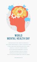 Plantilla de póster del día mundial de la salud mental. Silueta de la cabeza de un hombre con cerebro, engranaje, amor. Crecimiento mental. Aclara tu mente. Pensamiento positivo. Vector - Ilustración