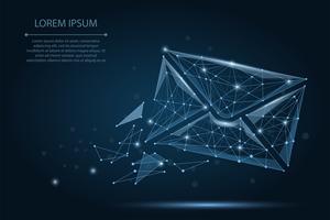 Message. Polygonal wireframe mesh envelope on dark blue night sky with dots and stars. Low poly Mail, Letter, email or other concept vector illustration