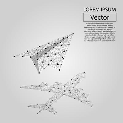 Abstract mash line and point origami plane with shadow in form of airliner. Vector business illustration. Polygonal low poly. Hided potential, motivation, business goal and personal growth concept. 