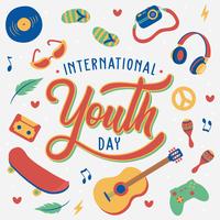 Letras de la mano del Día Internacional de la Juventud. 12 de agosto. Dibujados a mano Ilustración, música, monopatín, guitarra, cámara, auriculares, gafas de sol, folk, jóvenes. Vector - Ilustración