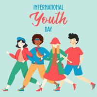 Happy International Youth Day.  Teen people group of diverse young girls and boys together holding hands, play music, skate board, party, friendship. Vector - Illustration