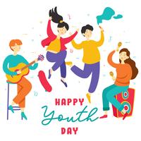 Feliz Día Internacional de la Juventud. Grupo de personas adolescentes de jóvenes y niños diversos que se dan la mano, tocan música, patinen, fiesta, amistad. Vector - Ilustración