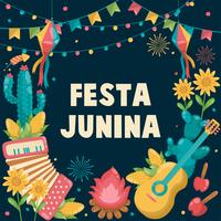 Hand drawn Festa Junina Brazil June Festival. Village festival in Latin America. Girl Boy Guitar Accordion Cactus Summer Sunflower Campfire. Background - Vector Illustration