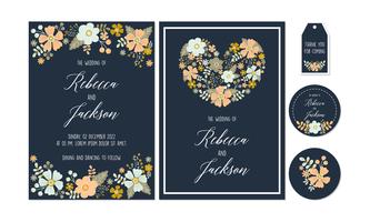 Navy Floral, Flower Wedding Invitation, Thank You card, Tags, Coaster Printable Templates with Floral,  Flower Collection vector