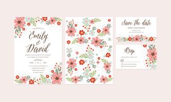 Hand Drawn Spring Flower Wedding Invitation,Thank You card, Pattern, RSVP, Save the Date. Printable Templates with Floral, Flower Collection. Vector - Illustration