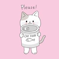 Cartoon cute cat and can food vector. vector