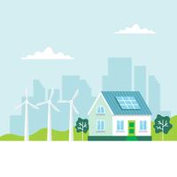 Ilustración de energía verde con una casa, paneles solares, aerogeneradores, fondo de ciudad, espacio de copia. Ilustración conceptual para ecología, energía verde, energía eólica, sostenibilidad. vector