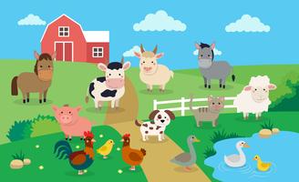 Farm animals with landscape - vector illustration in cartoon style, children s book illustration