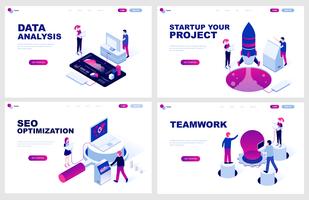 Set of isometric landing page template for Data Analysis, Startup, Seo Optimization, Teamwork. Modern vector illustration isometric concepts decorated people character for website development.