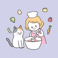 Muchacha linda y gato de la historieta que cocinan vector. vector